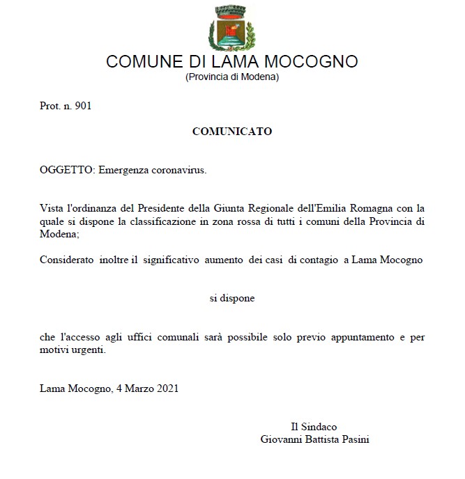 Avviso per accesso agli uffici