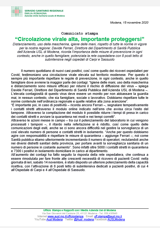 Comunicato stampa dell'Azienda USL di Modena
